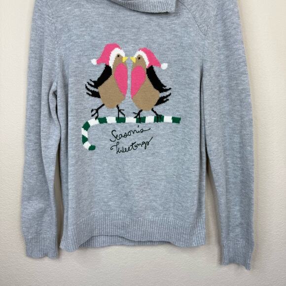 TALBOTS Wool Blend  Women's Sz L Christmas Gray Bird Seasons Tweetings Sweater - Picture 8 of 14
